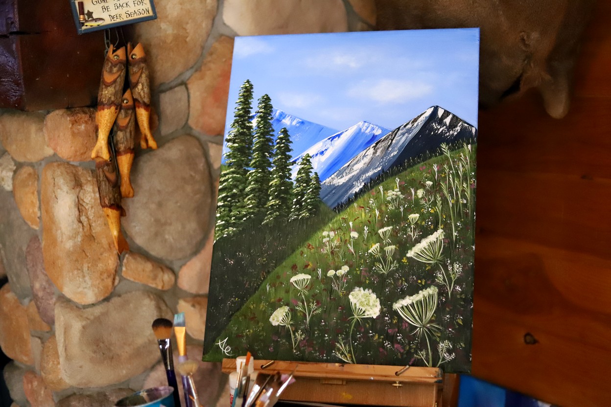 mountains and flowers painting