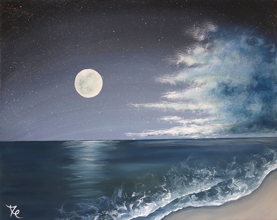 moon over ocean painting