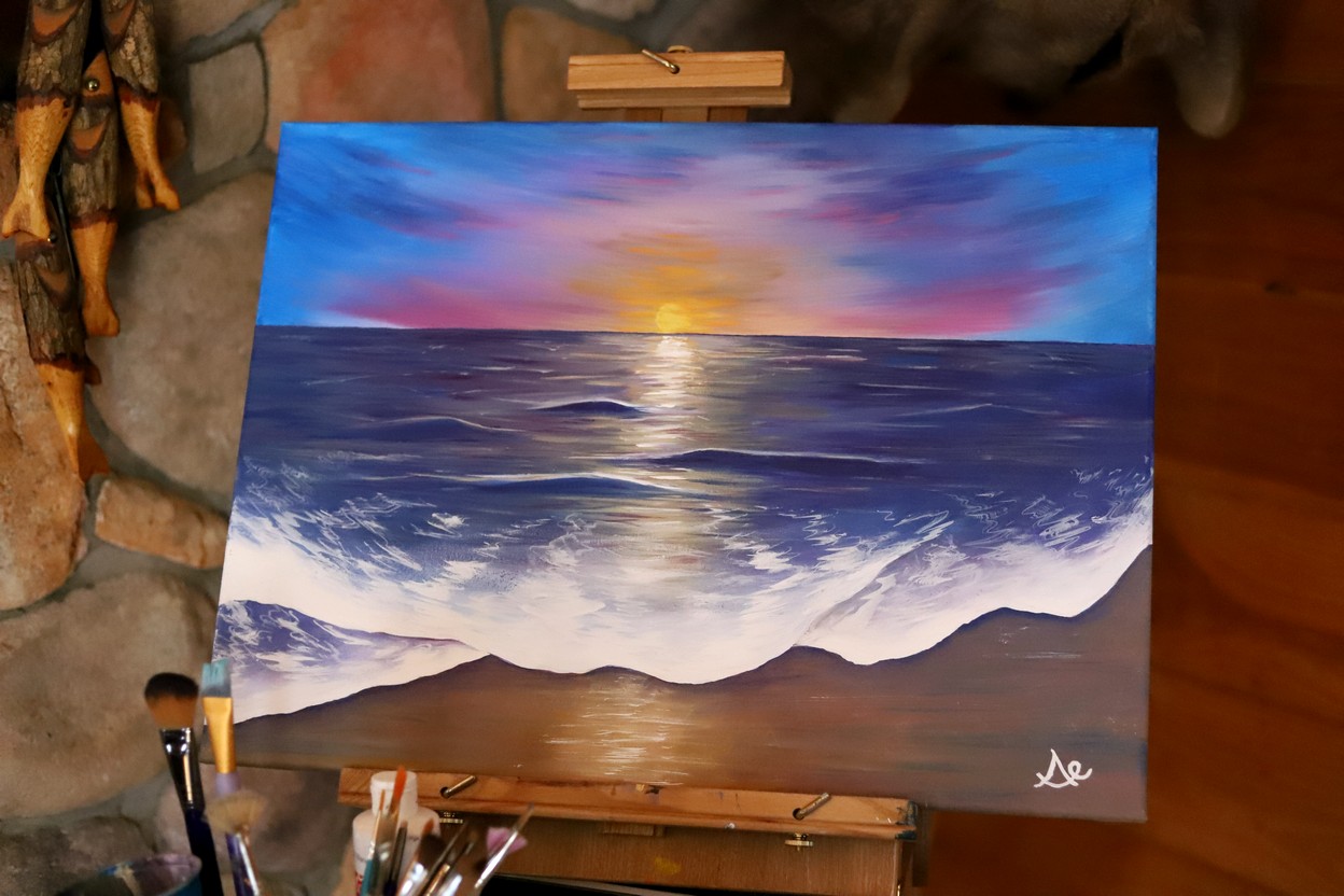 sunset ocean shore painting
