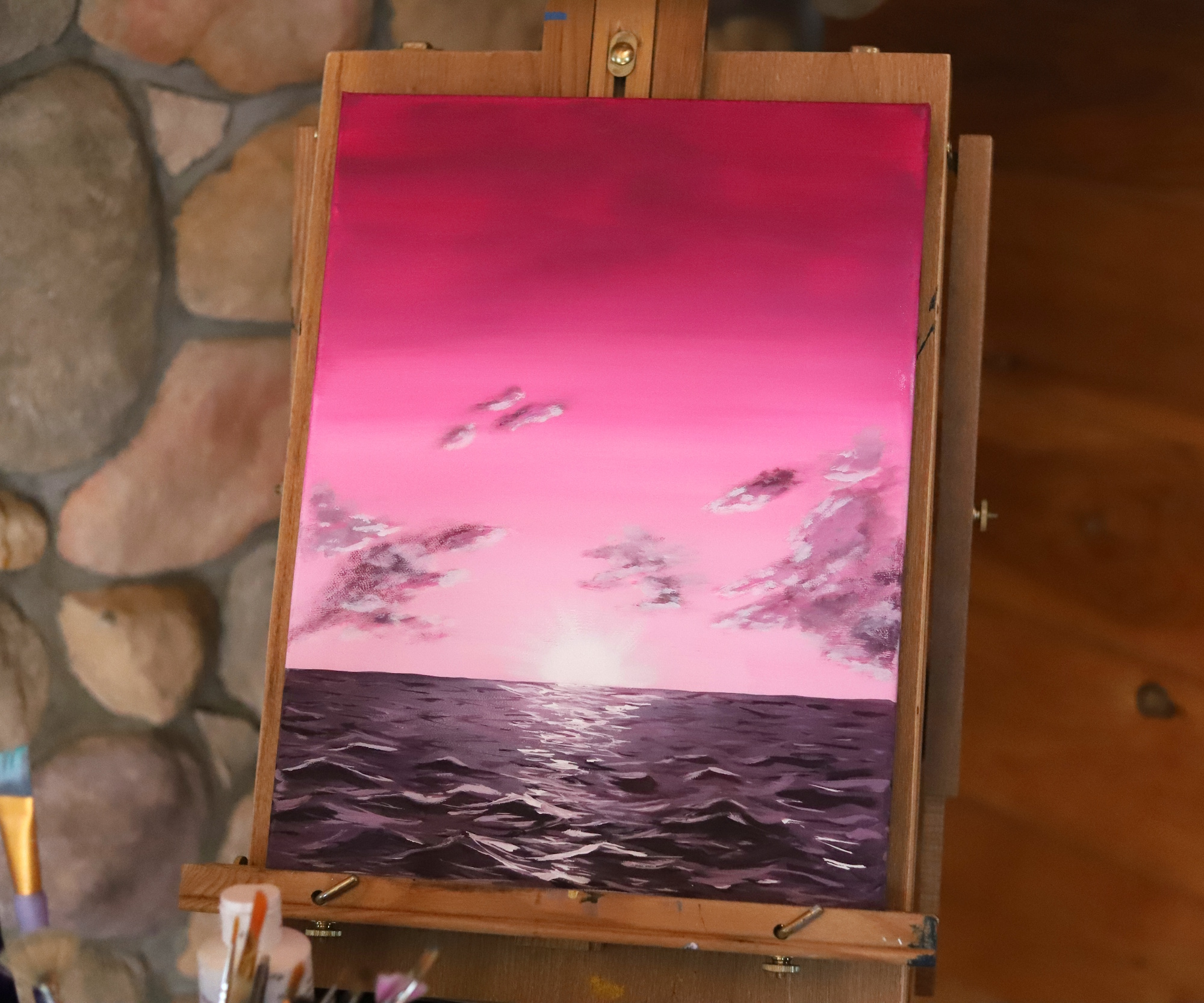vibrant pink sunset seascape painting