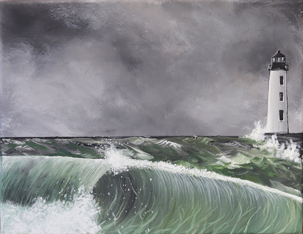 crashing waves in a storm lighthouse painting