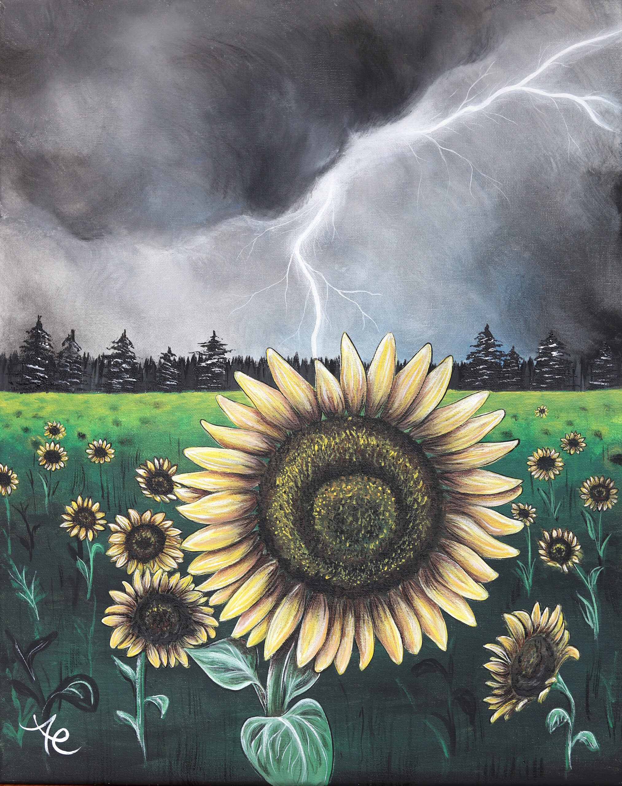 sunflower in lightening storm painting
